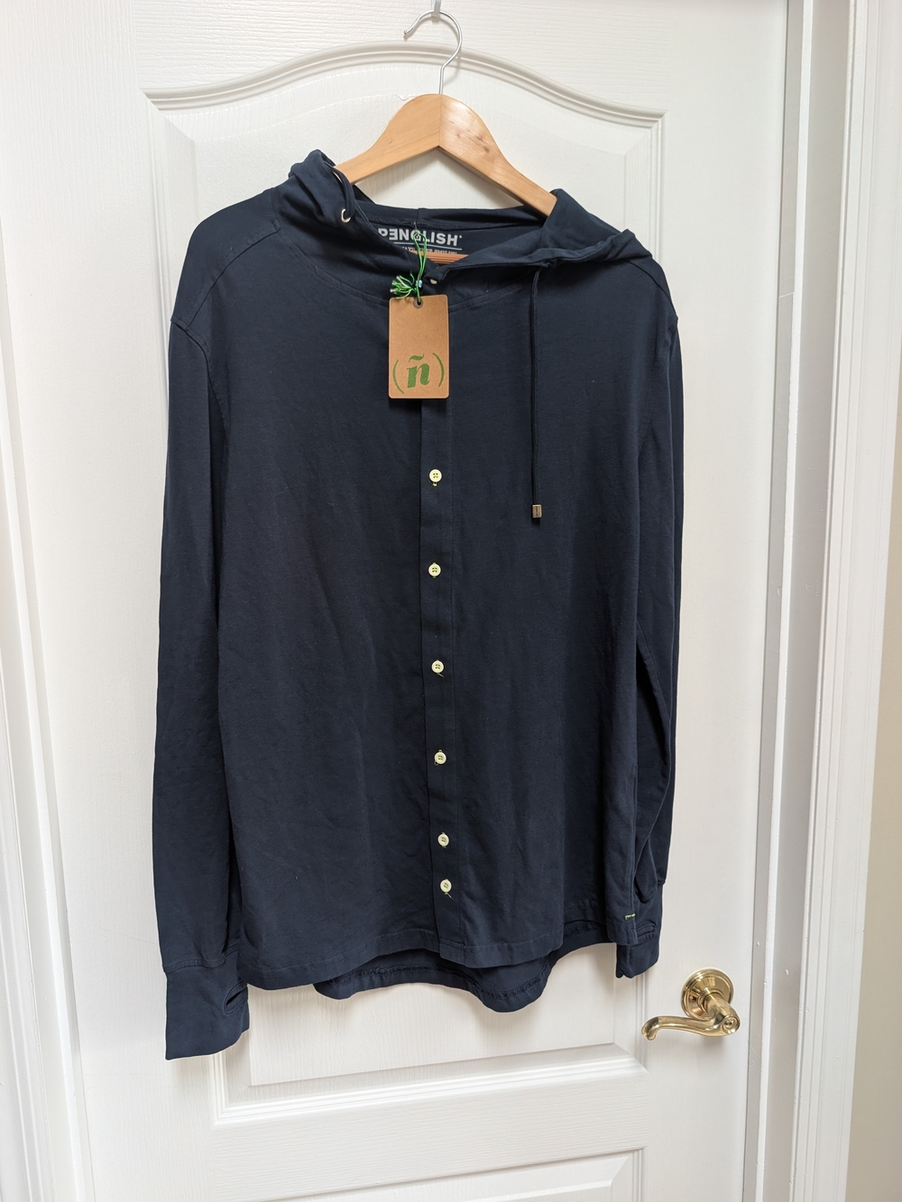 Spenglish Men’s M Navy Hooded Button Down Shirt Stretch Cotton NWT